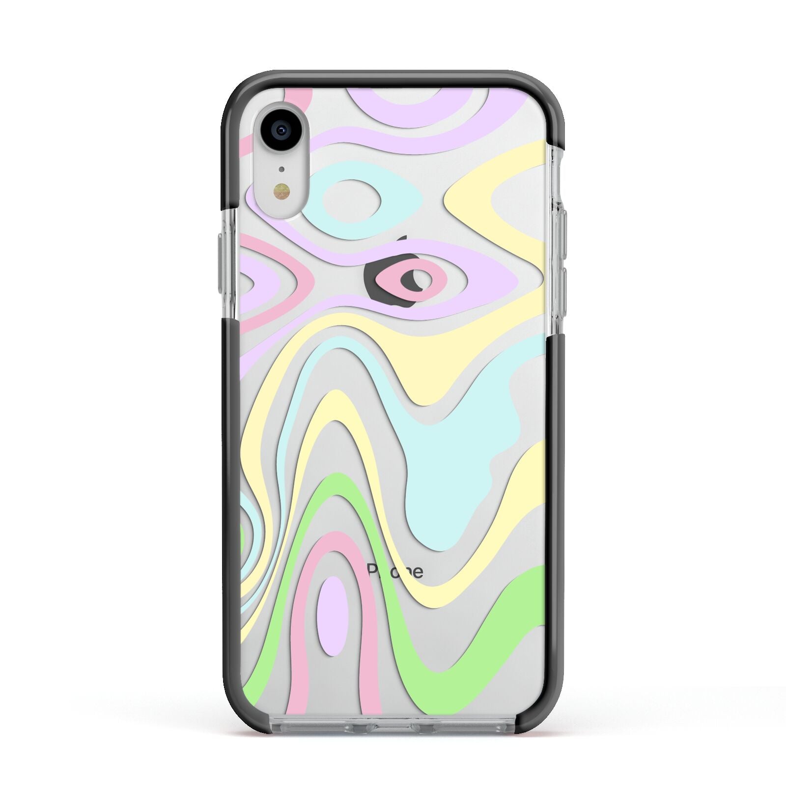 Transparent Swirl Apple iPhone XR Impact Case Black Edge on Silver Phone