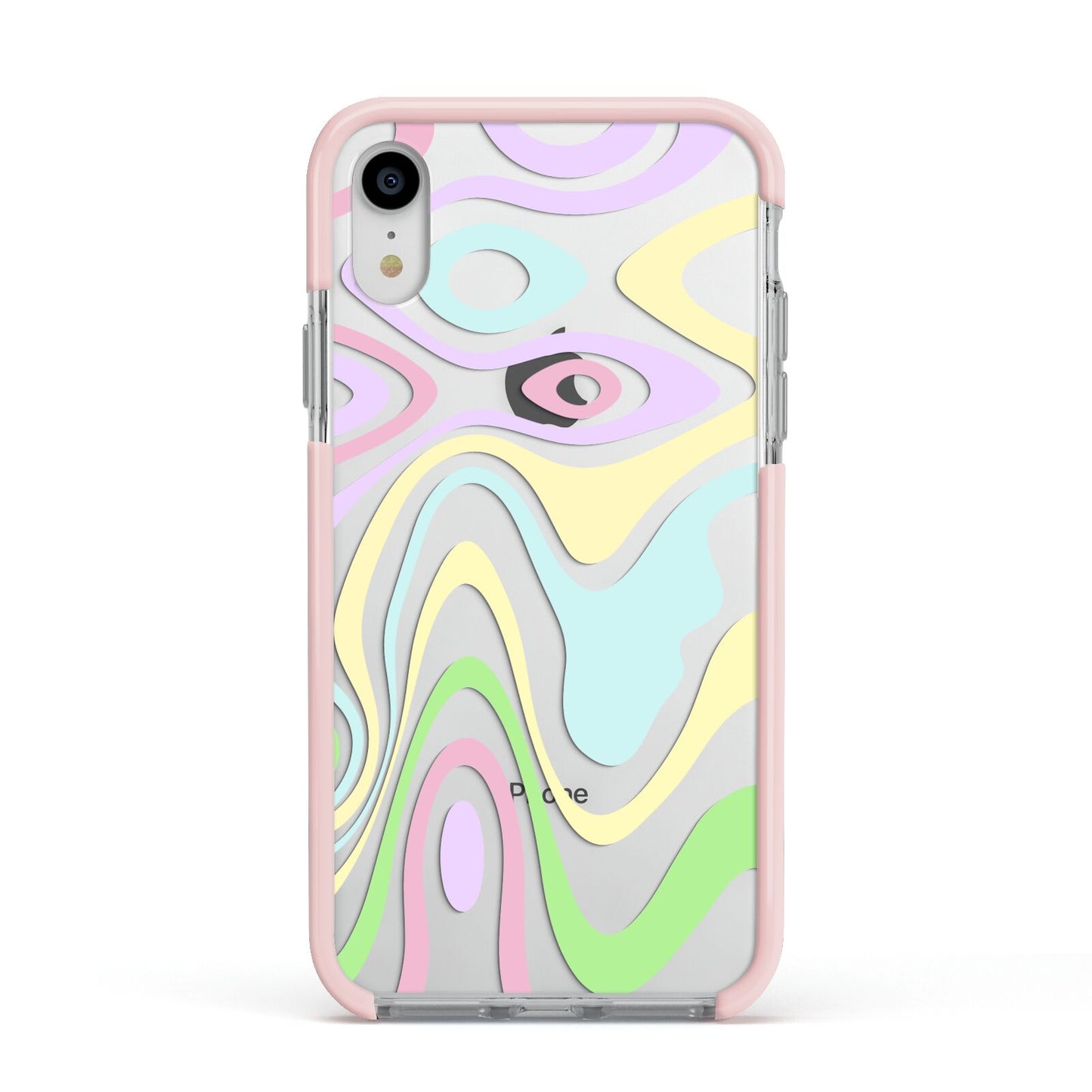 Transparent Swirl Apple iPhone XR Impact Case Pink Edge on Silver Phone