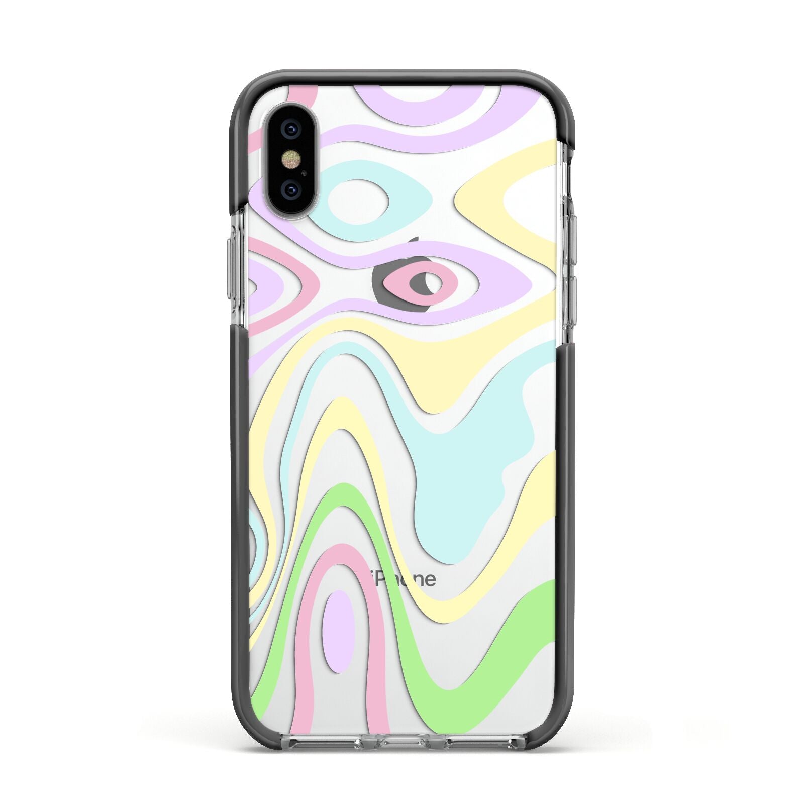 Transparent Swirl Apple iPhone Xs Impact Case Black Edge on Silver Phone