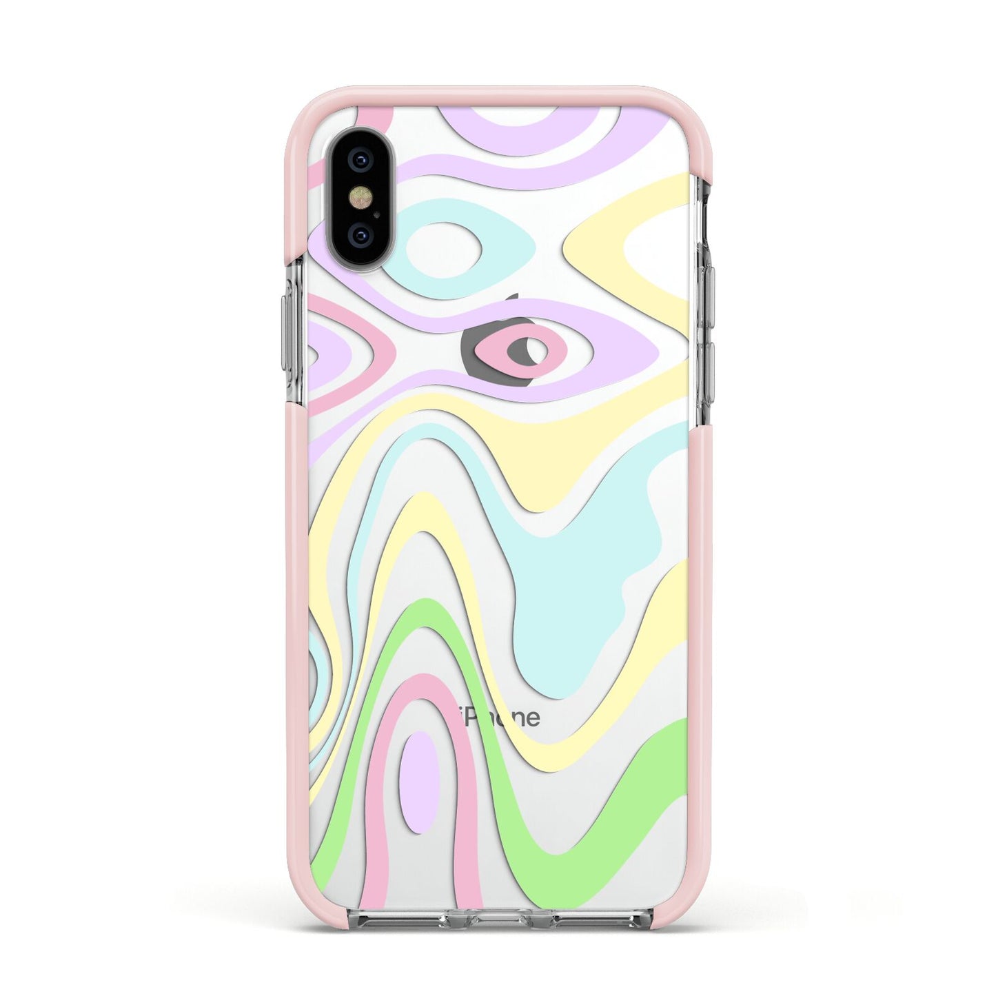 Transparent Swirl Apple iPhone Xs Impact Case Pink Edge on Silver Phone