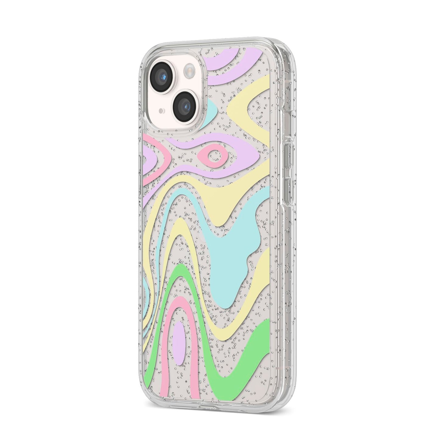 Transparent Swirl iPhone 14 Glitter Tough Case Starlight Angled Image