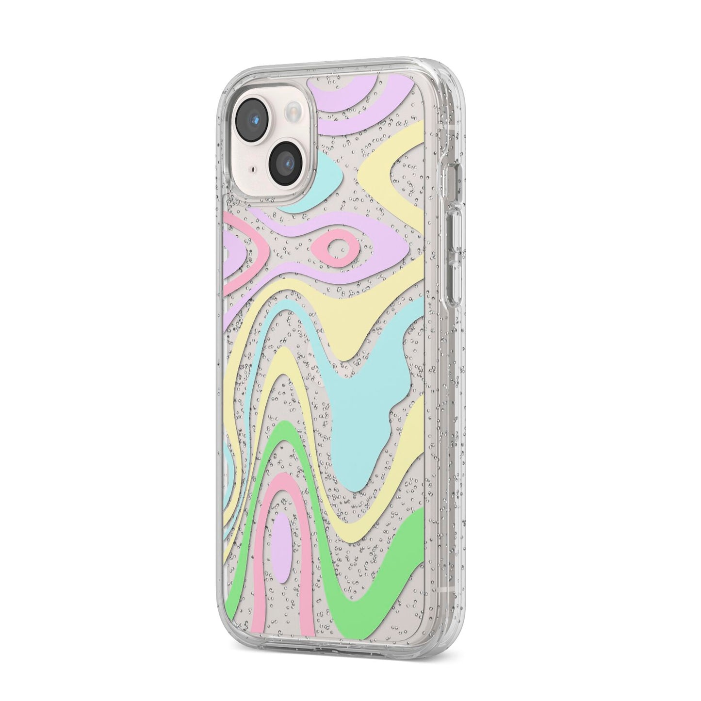 Transparent Swirl iPhone 14 Plus Glitter Tough Case Starlight Angled Image