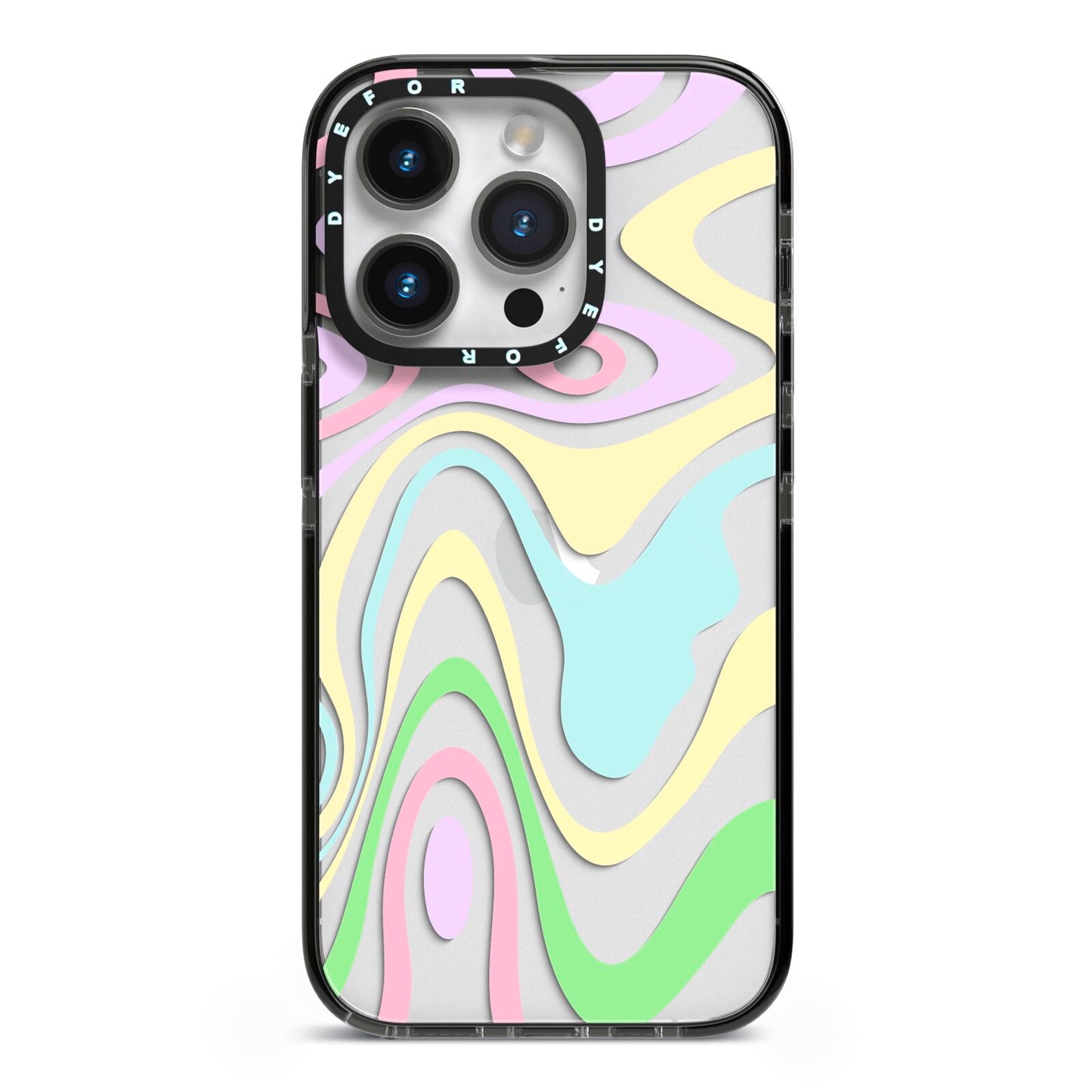 Transparent Swirl iPhone 14 Pro Black Impact Case on Silver phone