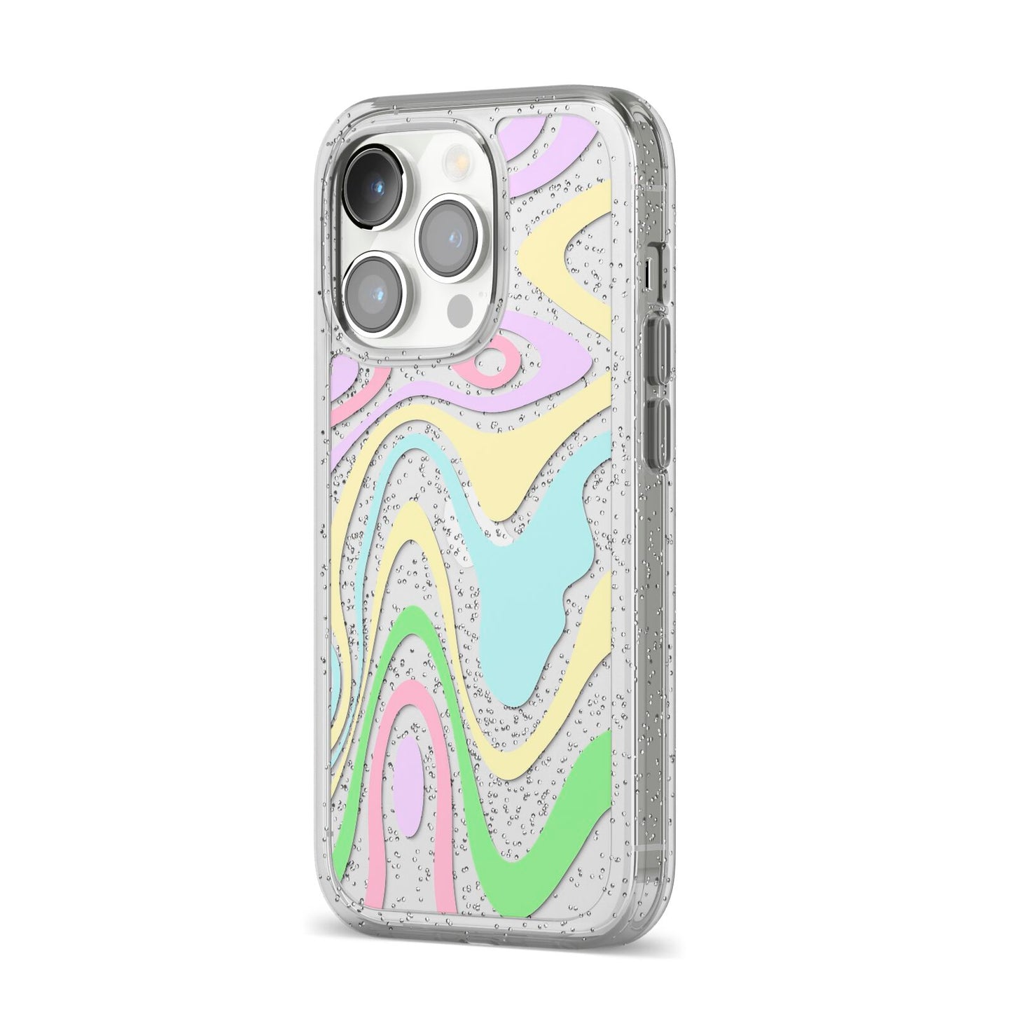 Transparent Swirl iPhone 14 Pro Glitter Tough Case Silver Angled Image