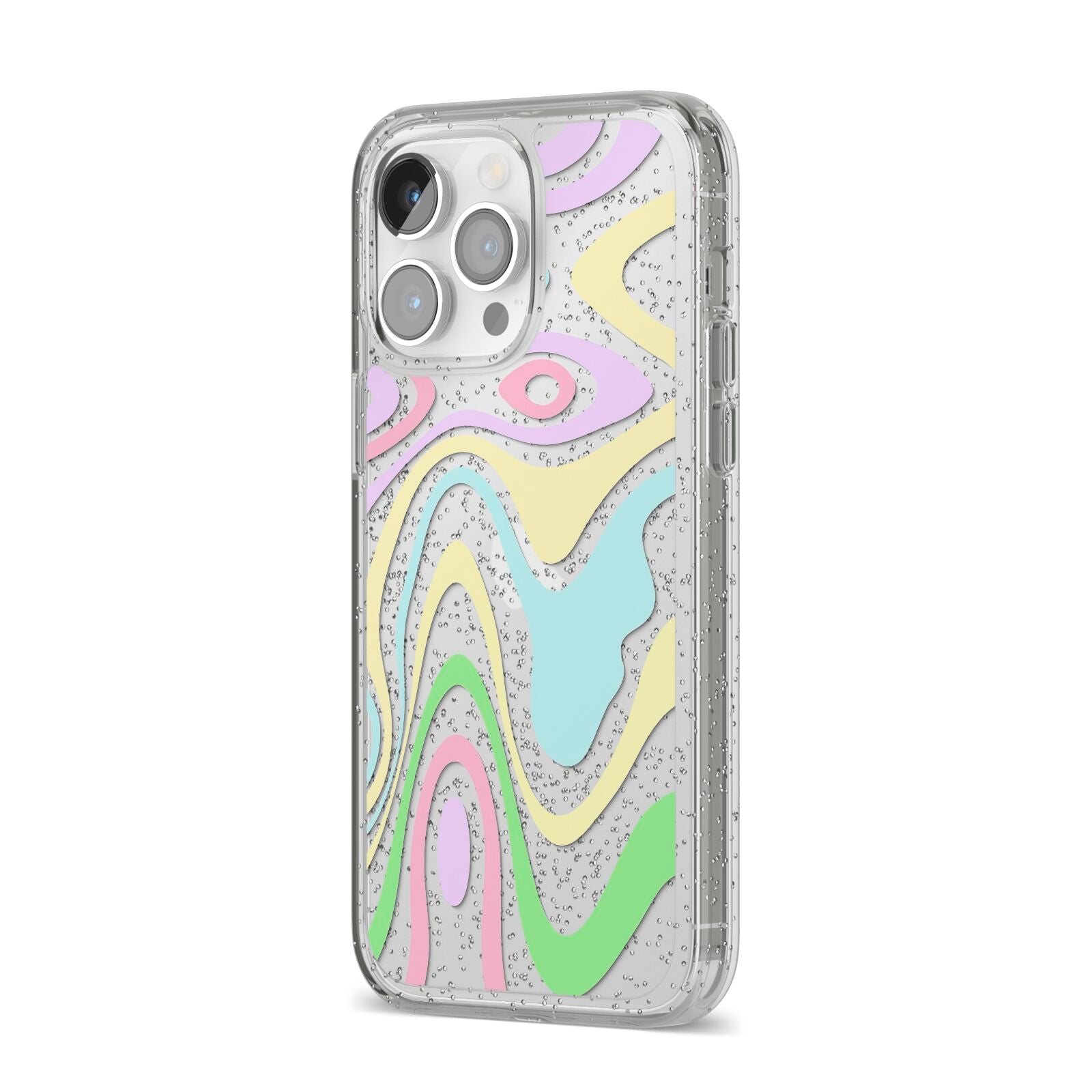 Transparent Swirl iPhone 14 Pro Max Glitter Tough Case Silver Angled Image