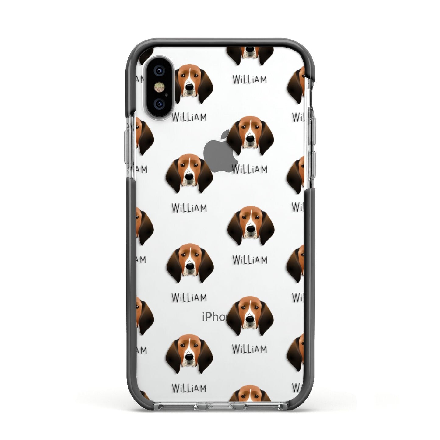 Treeing Walker Coonhound Icon with Name Apple iPhone Xs Impact Case Black Edge on Silver Phone