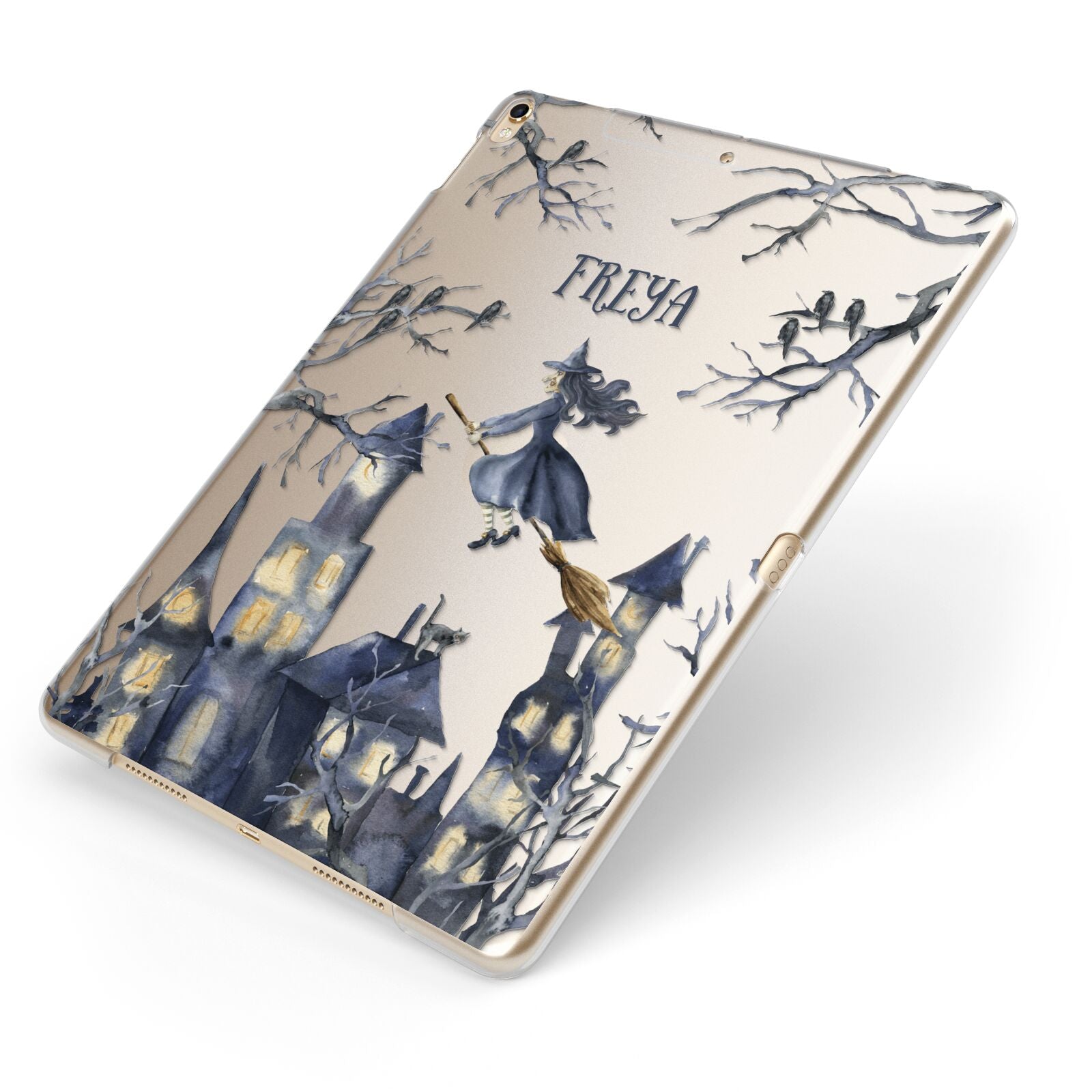 Treetop Halloween Witch Apple iPad Case on Gold iPad Side View