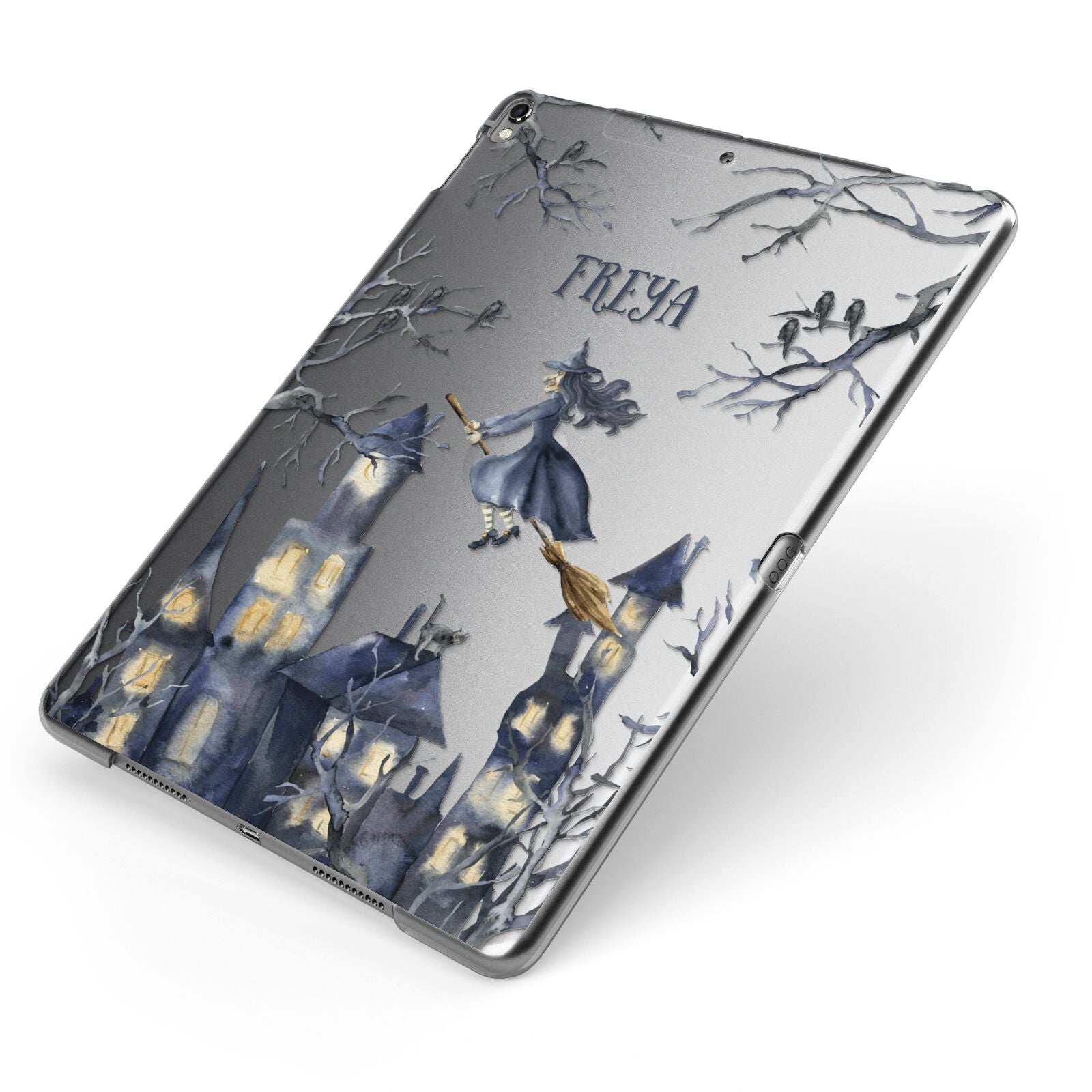 Treetop Halloween Witch Apple iPad Case on Grey iPad Side View