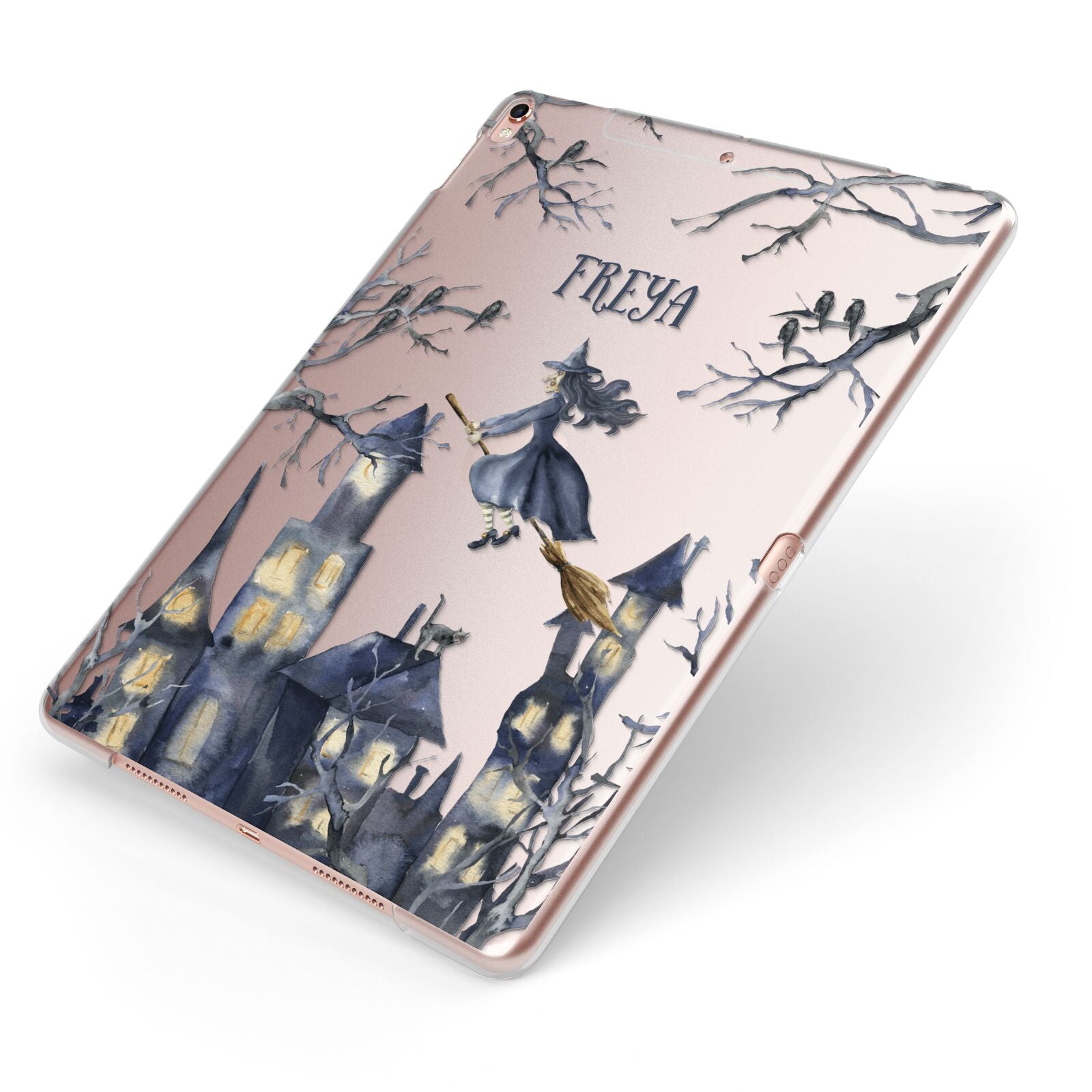 Treetop Halloween Witch Apple iPad Case on Rose Gold iPad Side View