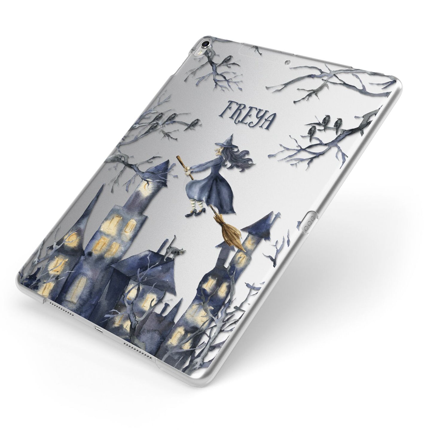 Treetop Halloween Witch Apple iPad Case on Silver iPad Side View