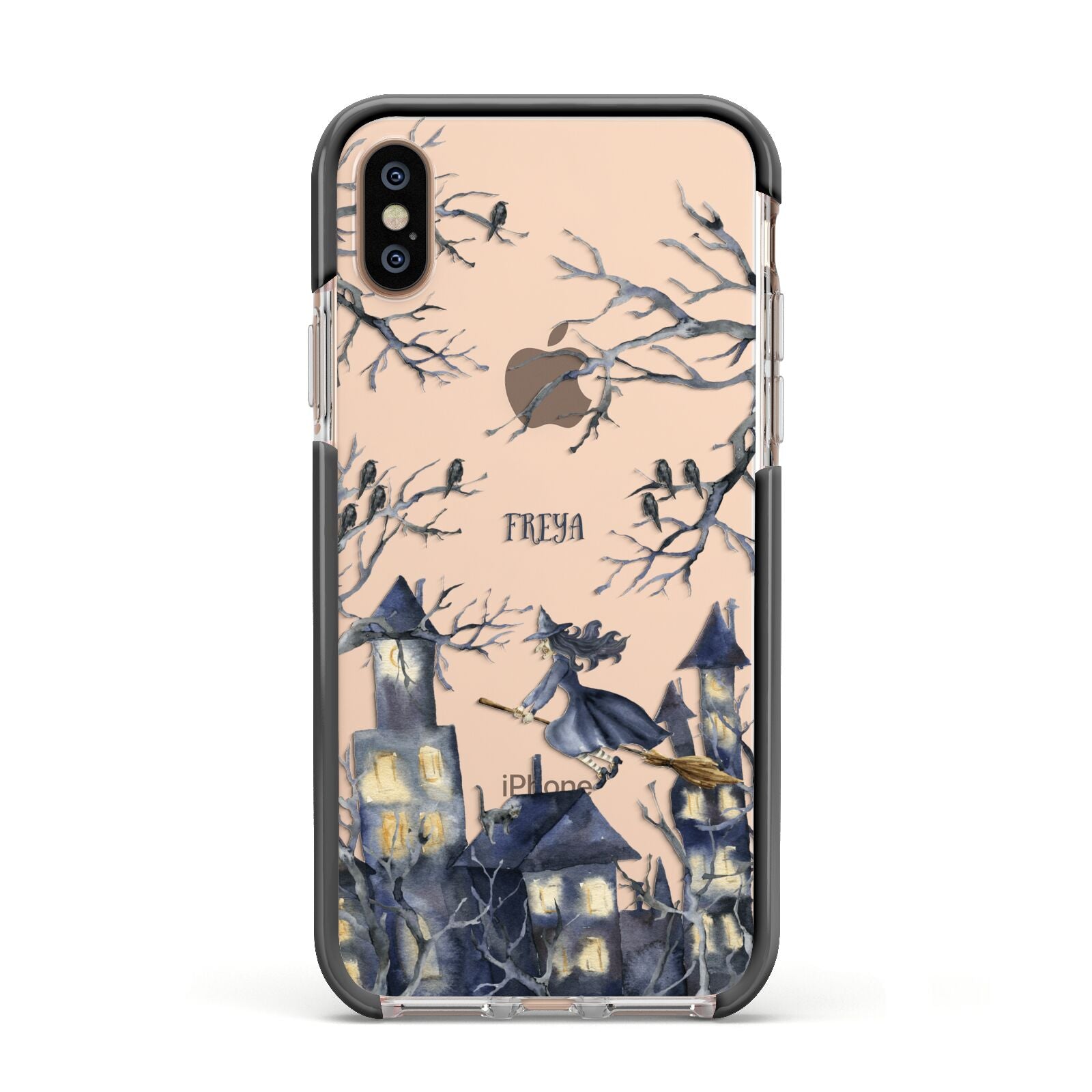 Treetop Halloween Witch Apple iPhone Xs Impact Case Black Edge on Gold Phone