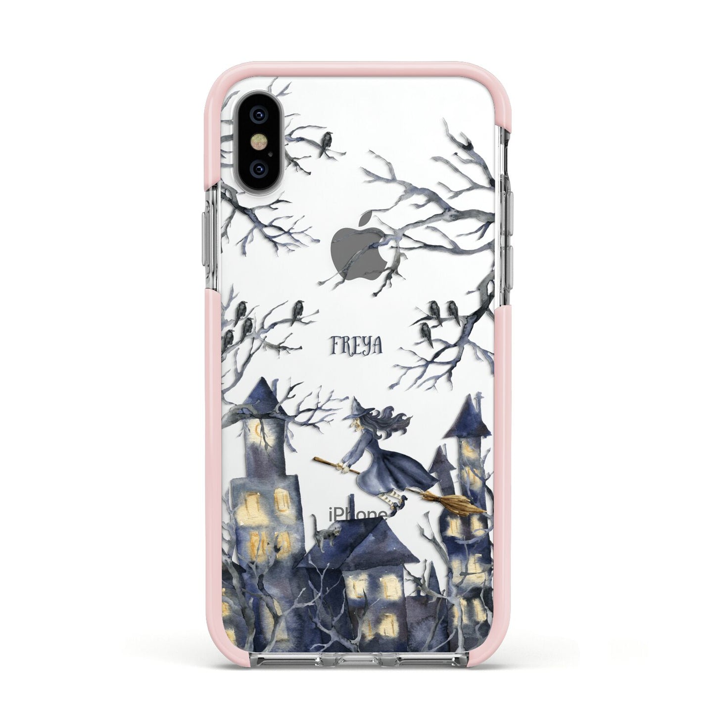 Treetop Halloween Witch Apple iPhone Xs Impact Case Pink Edge on Silver Phone