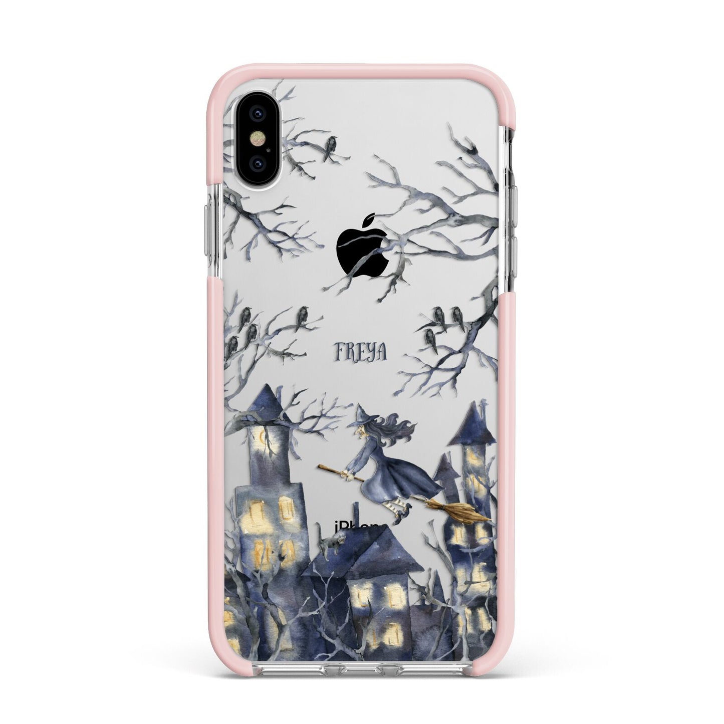 Treetop Halloween Witch Apple iPhone Xs Max Impact Case Pink Edge on Silver Phone