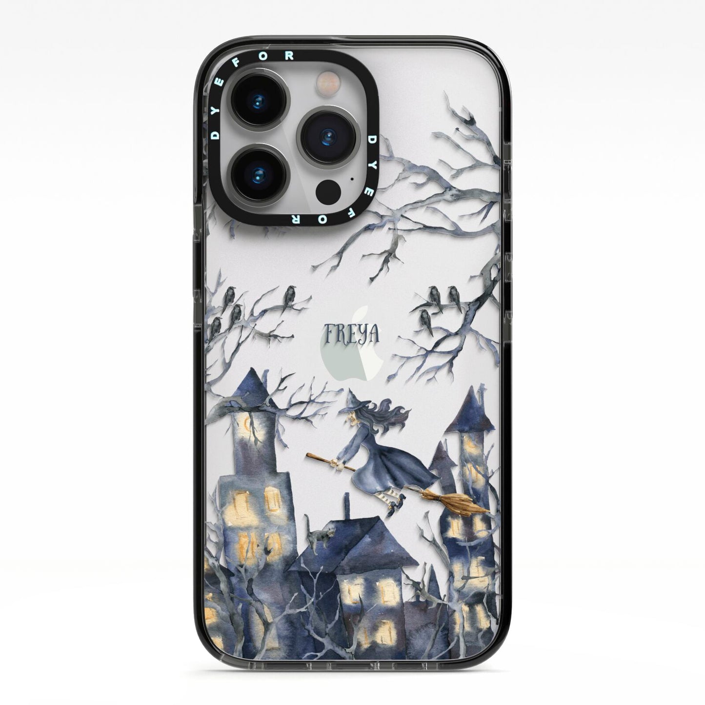 Treetop Halloween Witch iPhone 13 Pro Black Impact Case on Silver phone