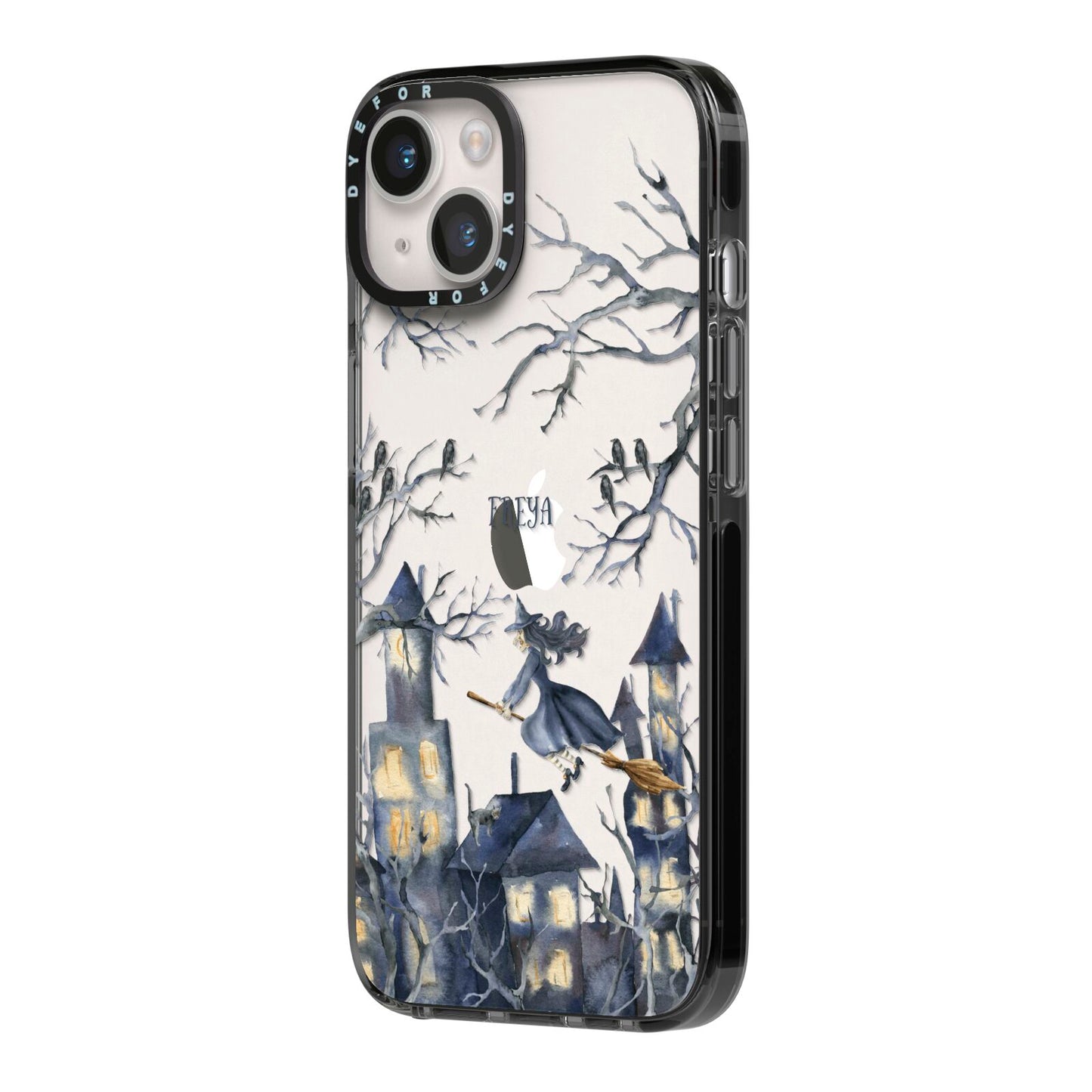 Treetop Halloween Witch iPhone 14 Black Impact Case Side Angle on Silver phone