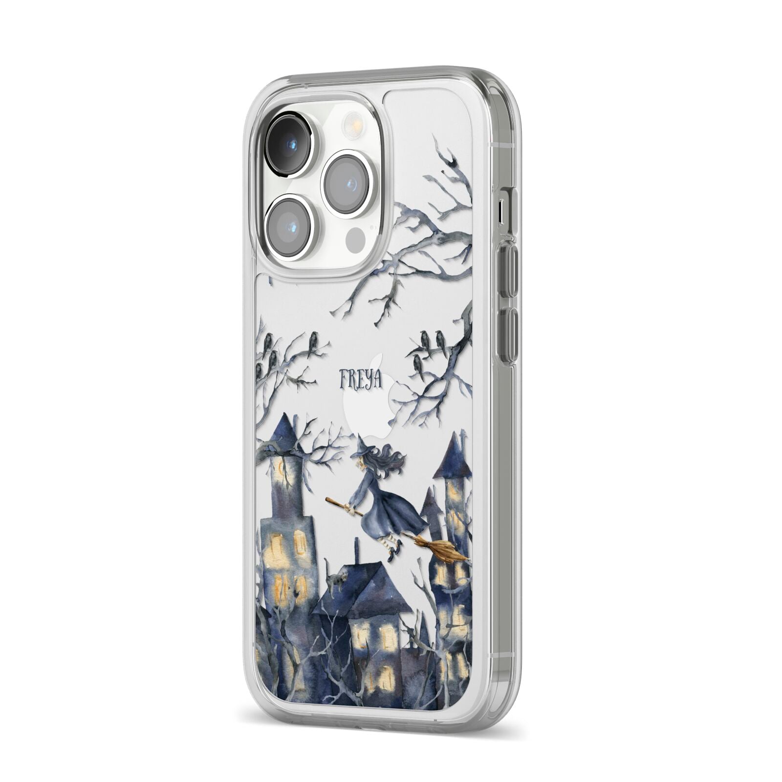 Treetop Halloween Witch iPhone 14 Pro Clear Tough Case Silver Angled Image