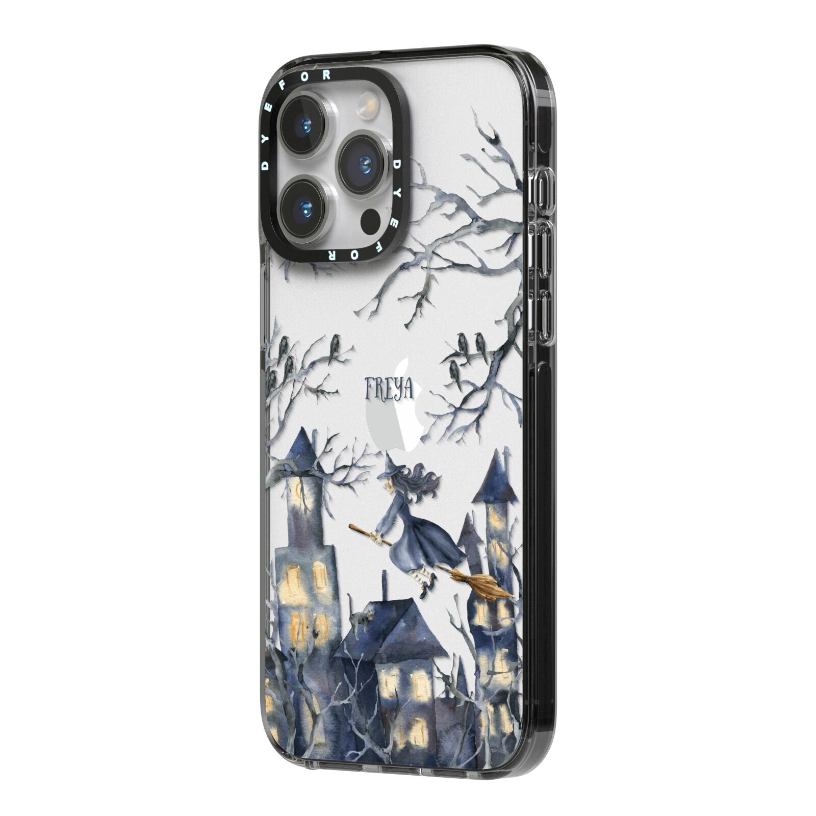 Treetop Halloween Witch iPhone 14 Pro Max Black Impact Case Side Angle on Silver phone