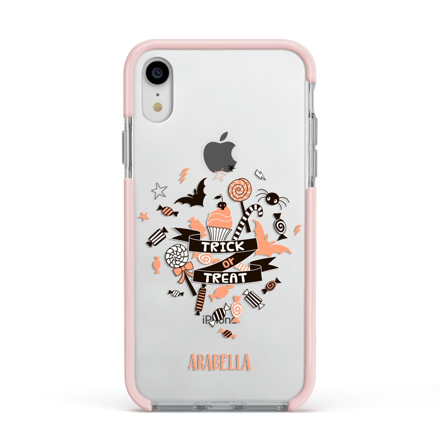 Trick or Treat Apple iPhone XR Impact Case Pink Edge on Silver Phone