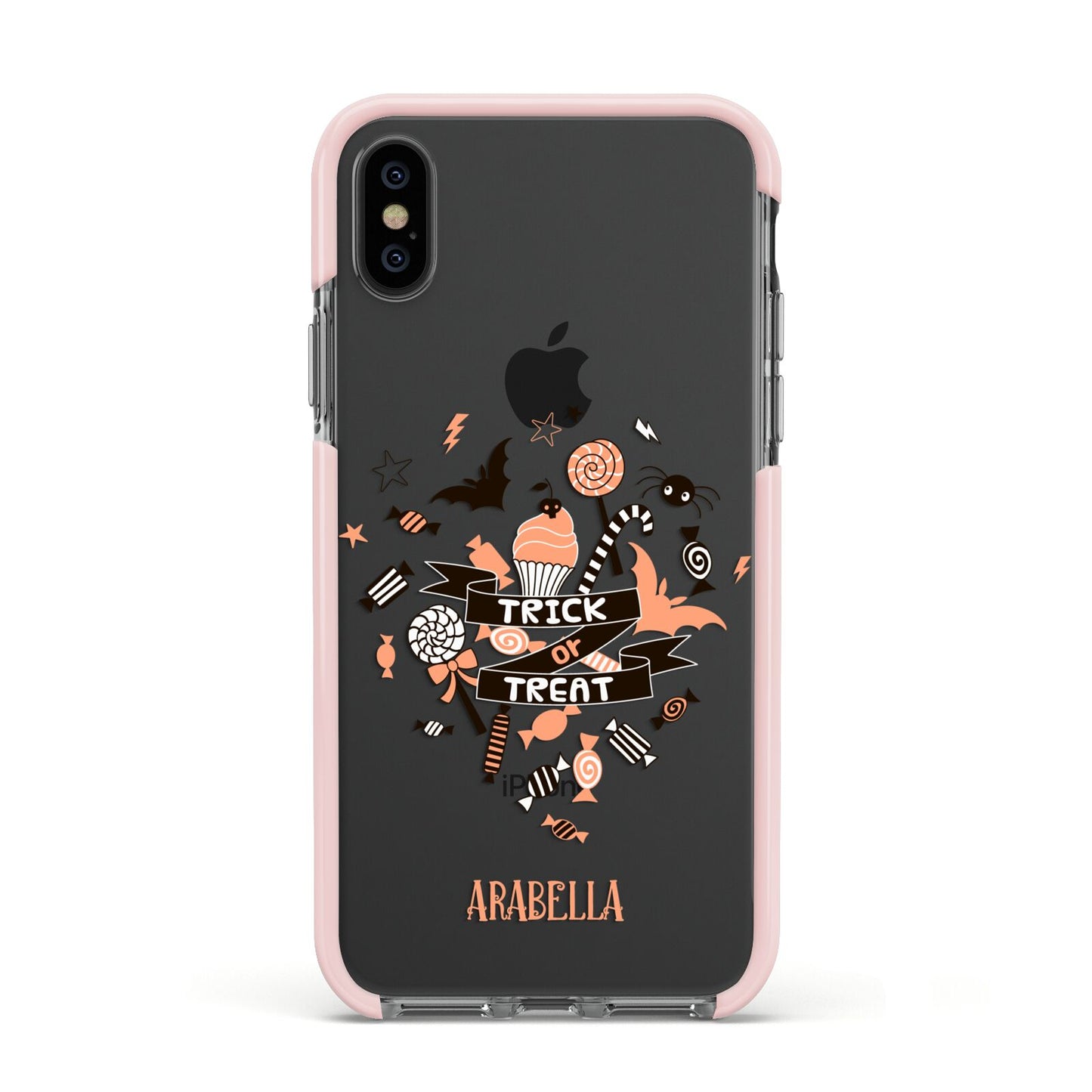 Trick or Treat Apple iPhone Xs Impact Case Pink Edge on Black Phone