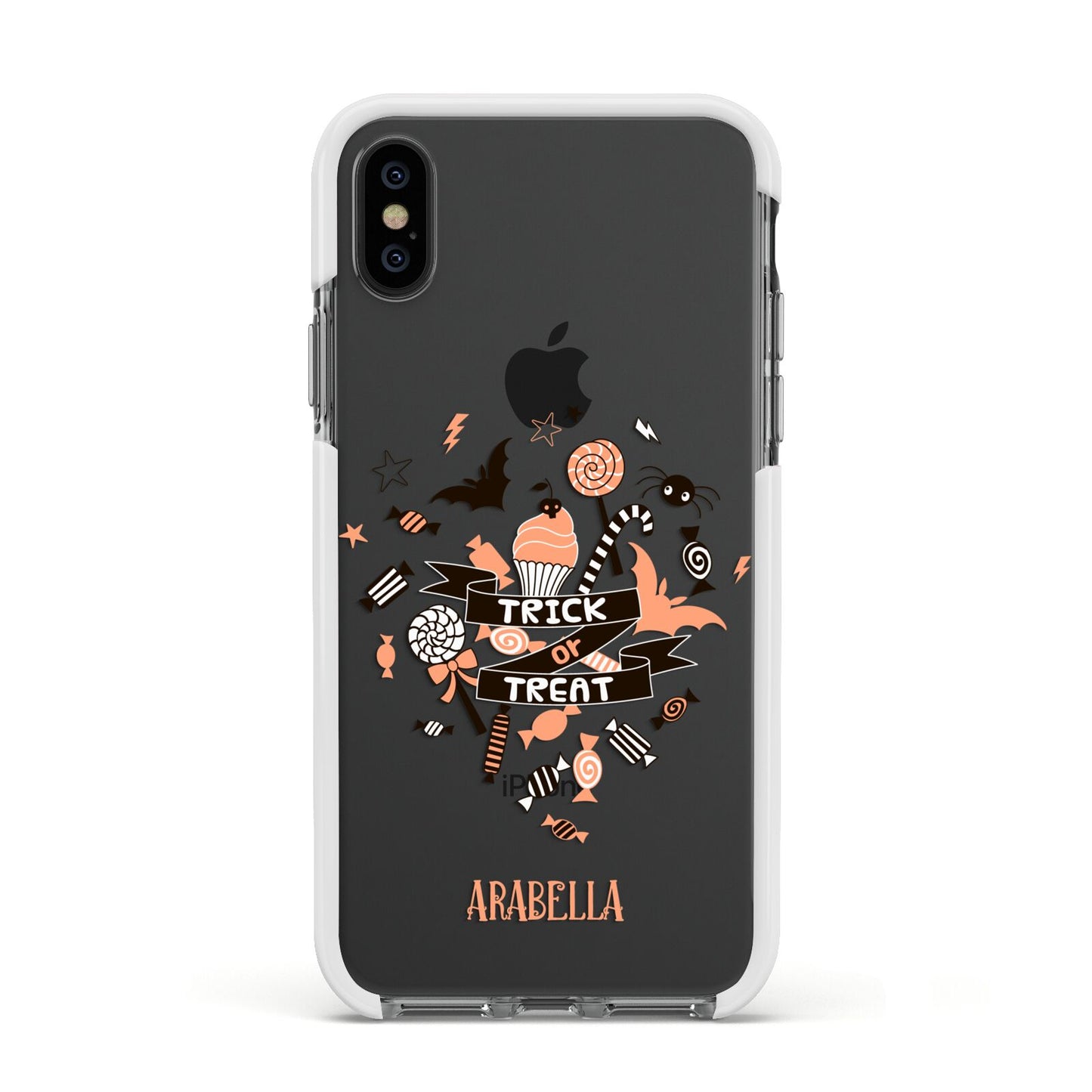 Trick or Treat Apple iPhone Xs Impact Case White Edge on Black Phone