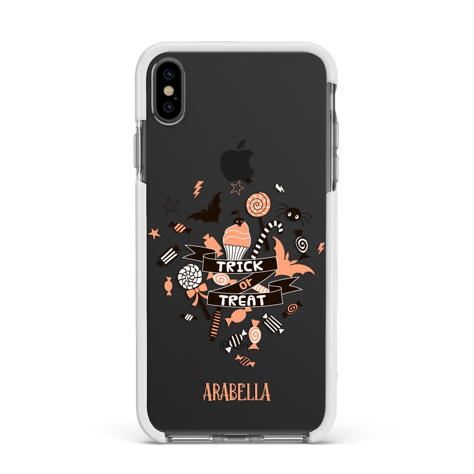 Trick or Treat Apple iPhone Xs Max Impact Case White Edge on Black Phone