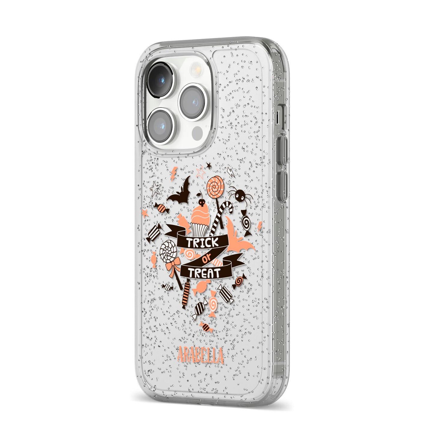 Trick or Treat iPhone 14 Pro Glitter Tough Case Silver Angled Image