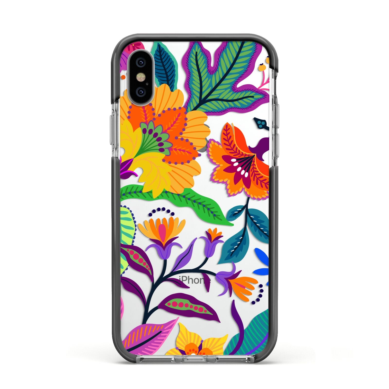 Tropical Floral Apple iPhone Xs Impact Case Black Edge on Silver Phone