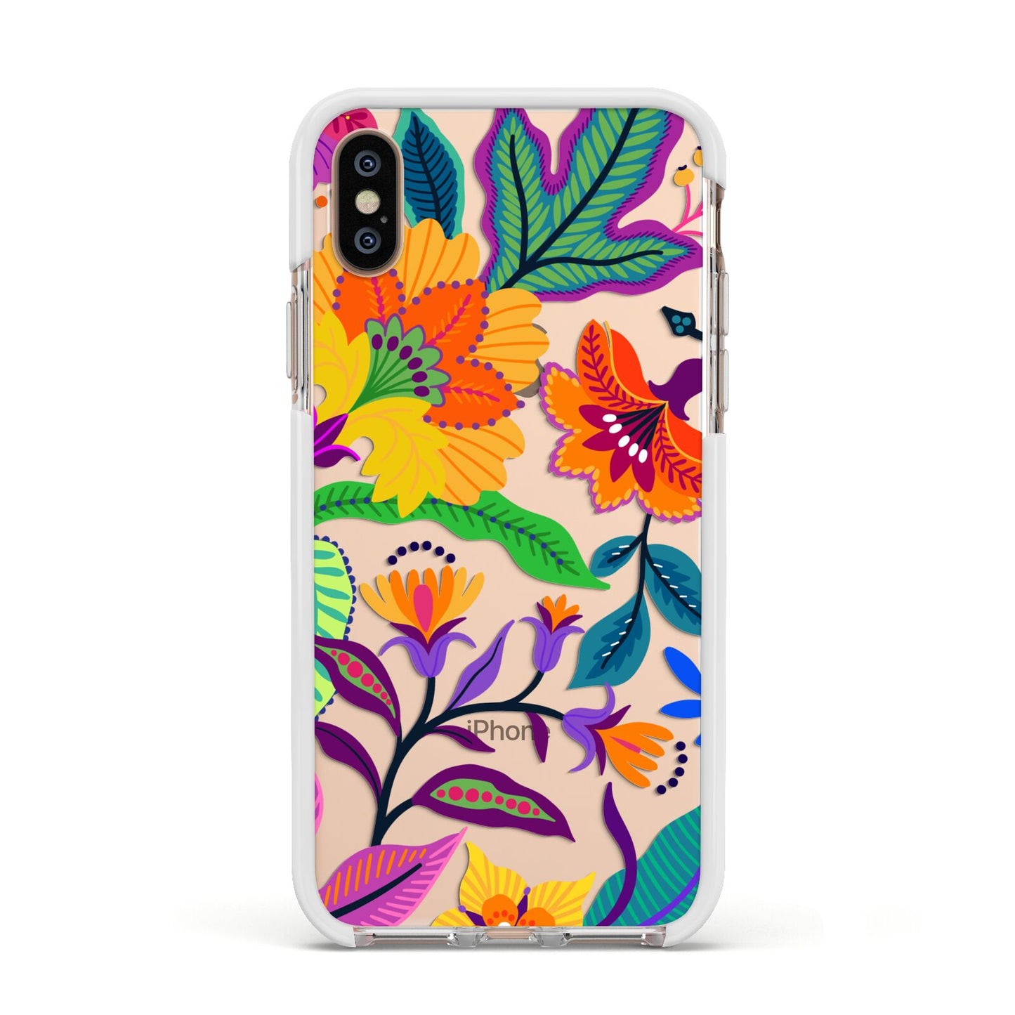 Tropical Floral Apple iPhone Xs Impact Case White Edge on Gold Phone