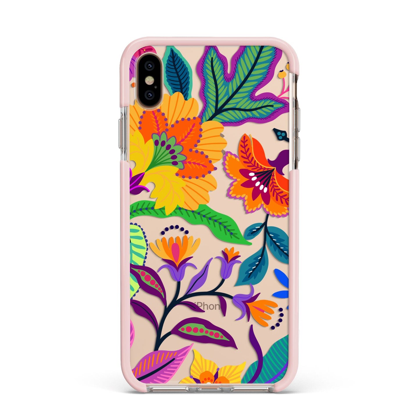 Tropical Floral Apple iPhone Xs Max Impact Case Pink Edge on Gold Phone