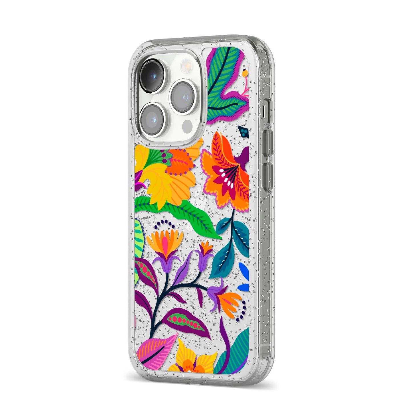 Tropical Floral iPhone 14 Pro Glitter Tough Case Silver Angled Image