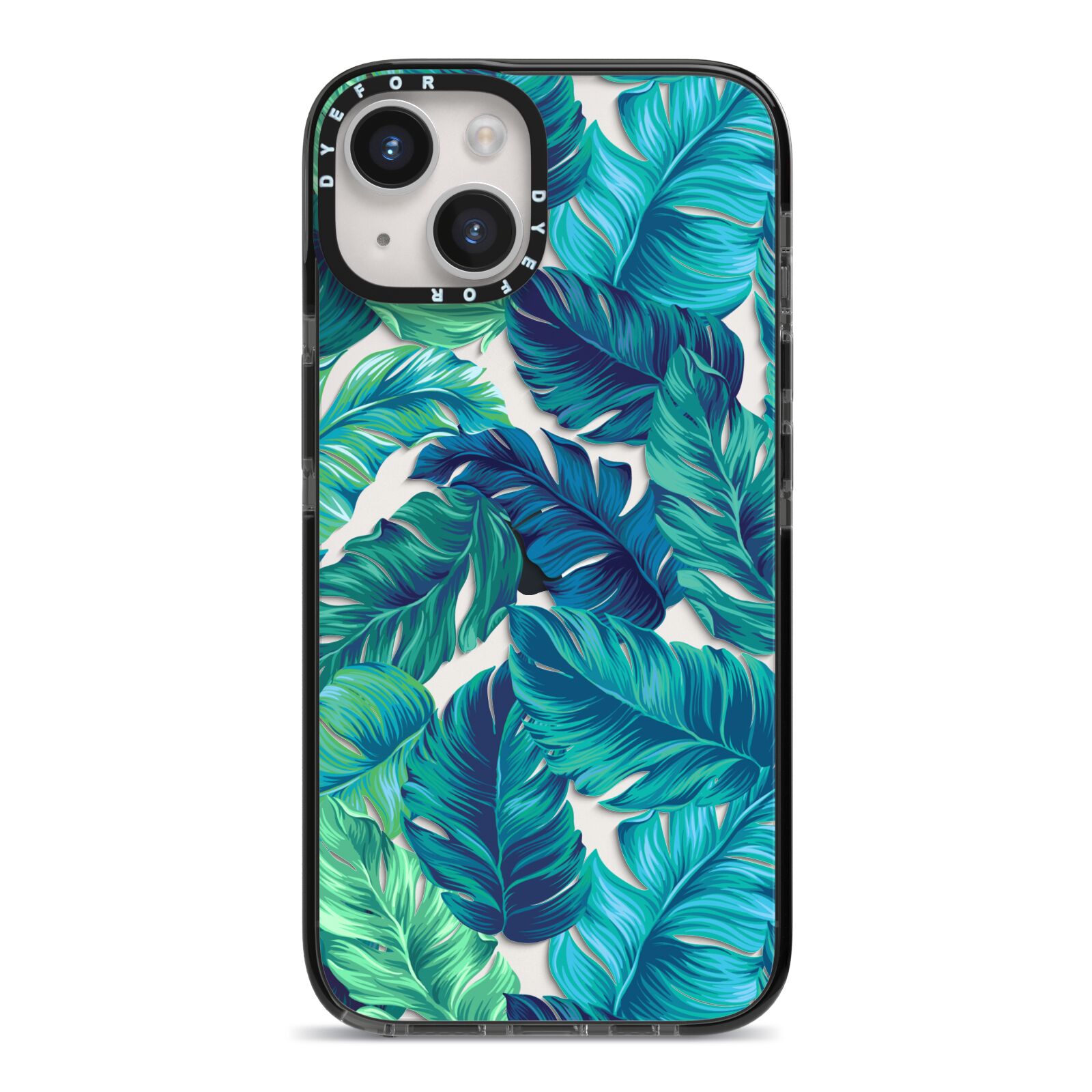 Tropical Leaves iPhone 14 Black Impact Case on Silver phone