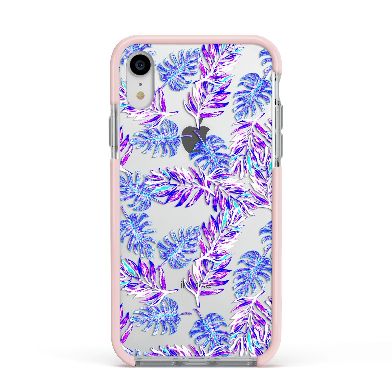 Tropical Palm Leaf Apple iPhone XR Impact Case Pink Edge on Silver Phone