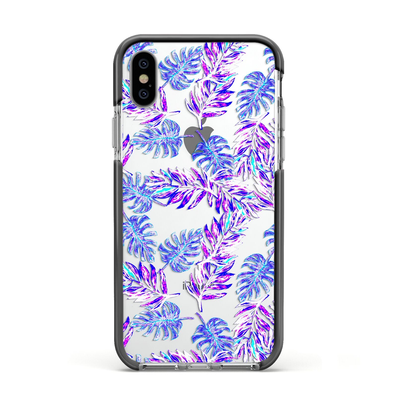 Tropical Palm Leaf Apple iPhone Xs Impact Case Black Edge on Silver Phone