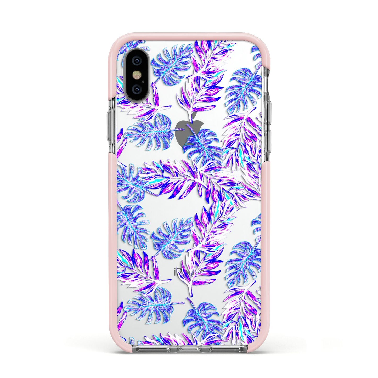 Tropical Palm Leaf Apple iPhone Xs Impact Case Pink Edge on Silver Phone