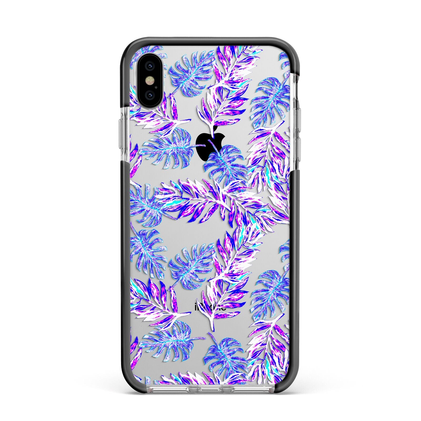 Tropical Palm Leaf Apple iPhone Xs Max Impact Case Black Edge on Silver Phone