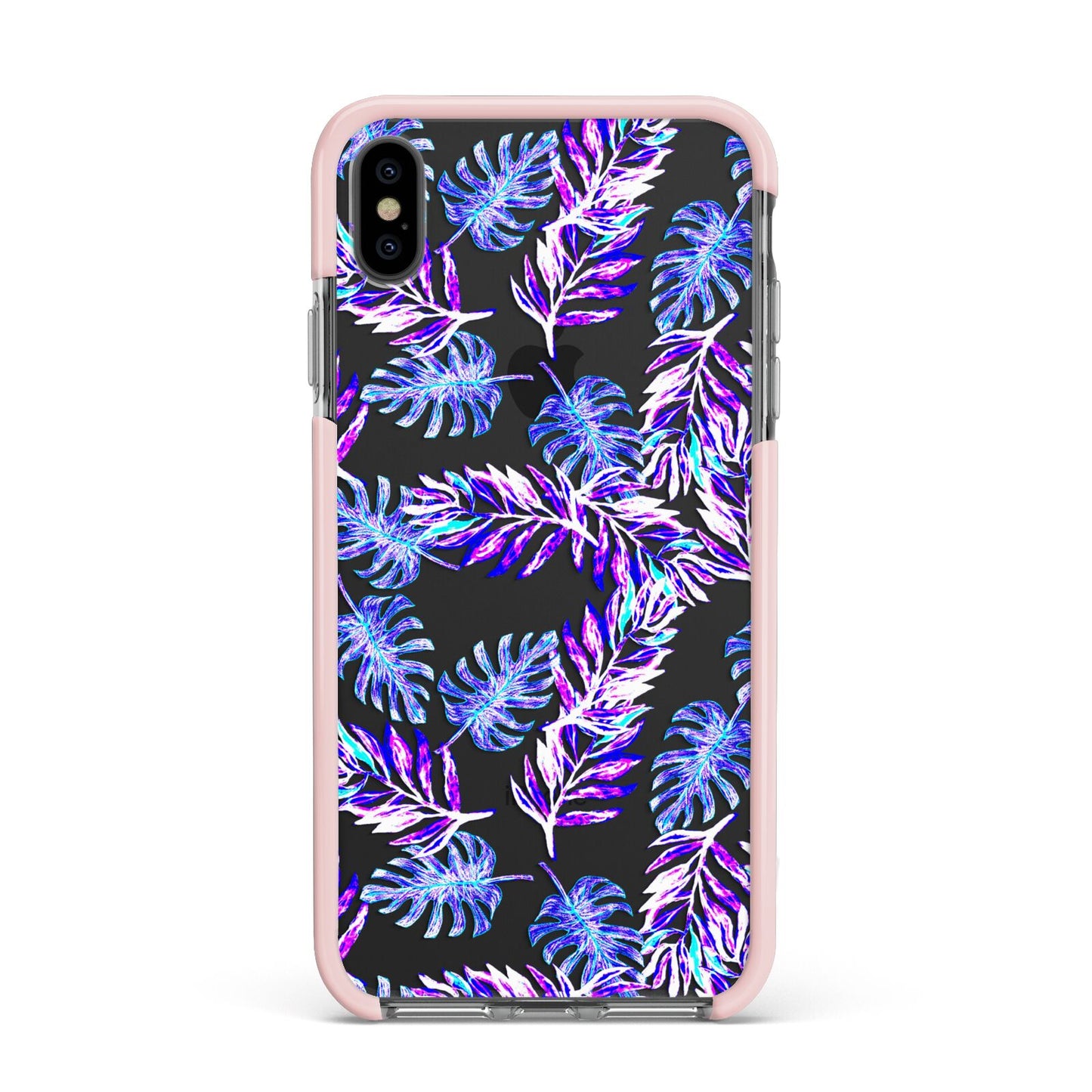 Tropical Palm Leaf Apple iPhone Xs Max Impact Case Pink Edge on Black Phone