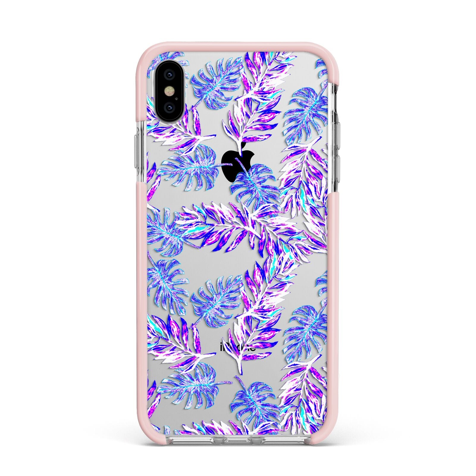 Tropical Palm Leaf Apple iPhone Xs Max Impact Case Pink Edge on Silver Phone