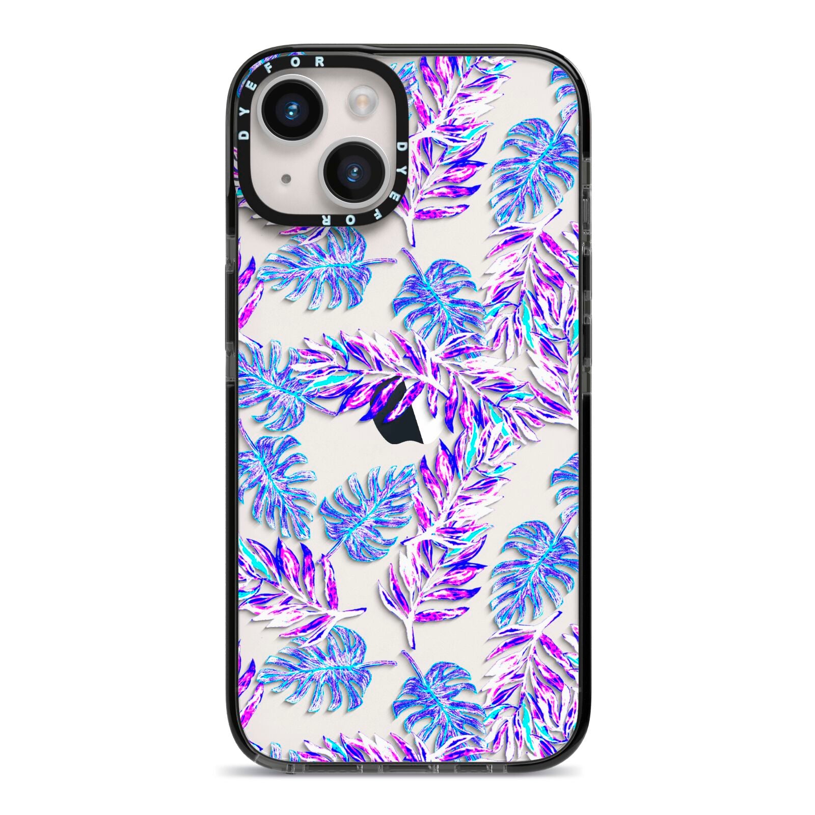 Tropical Palm Leaf iPhone 14 Black Impact Case on Silver phone