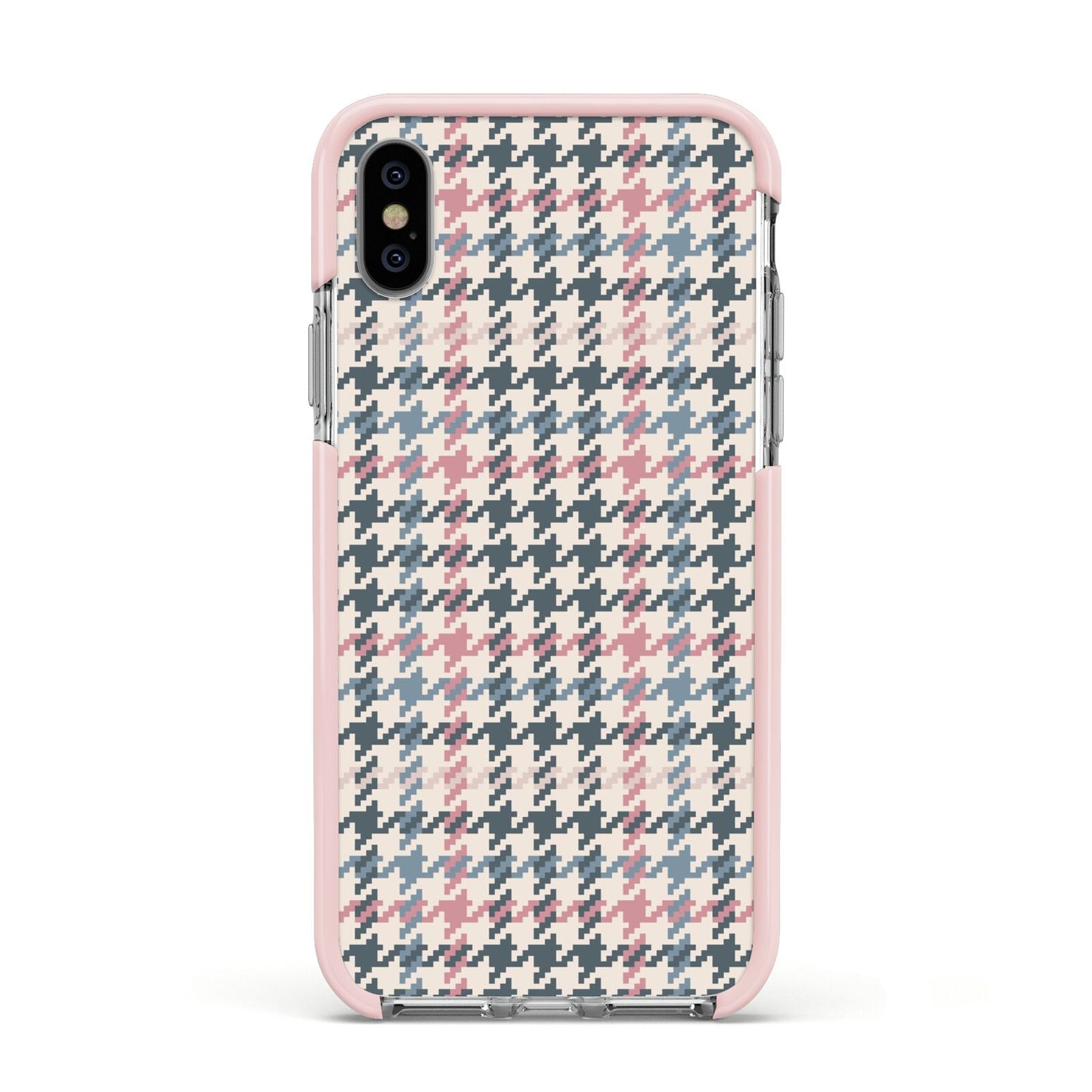 Tweed Houndstooth Apple iPhone Xs Impact Case Pink Edge on Silver Phone