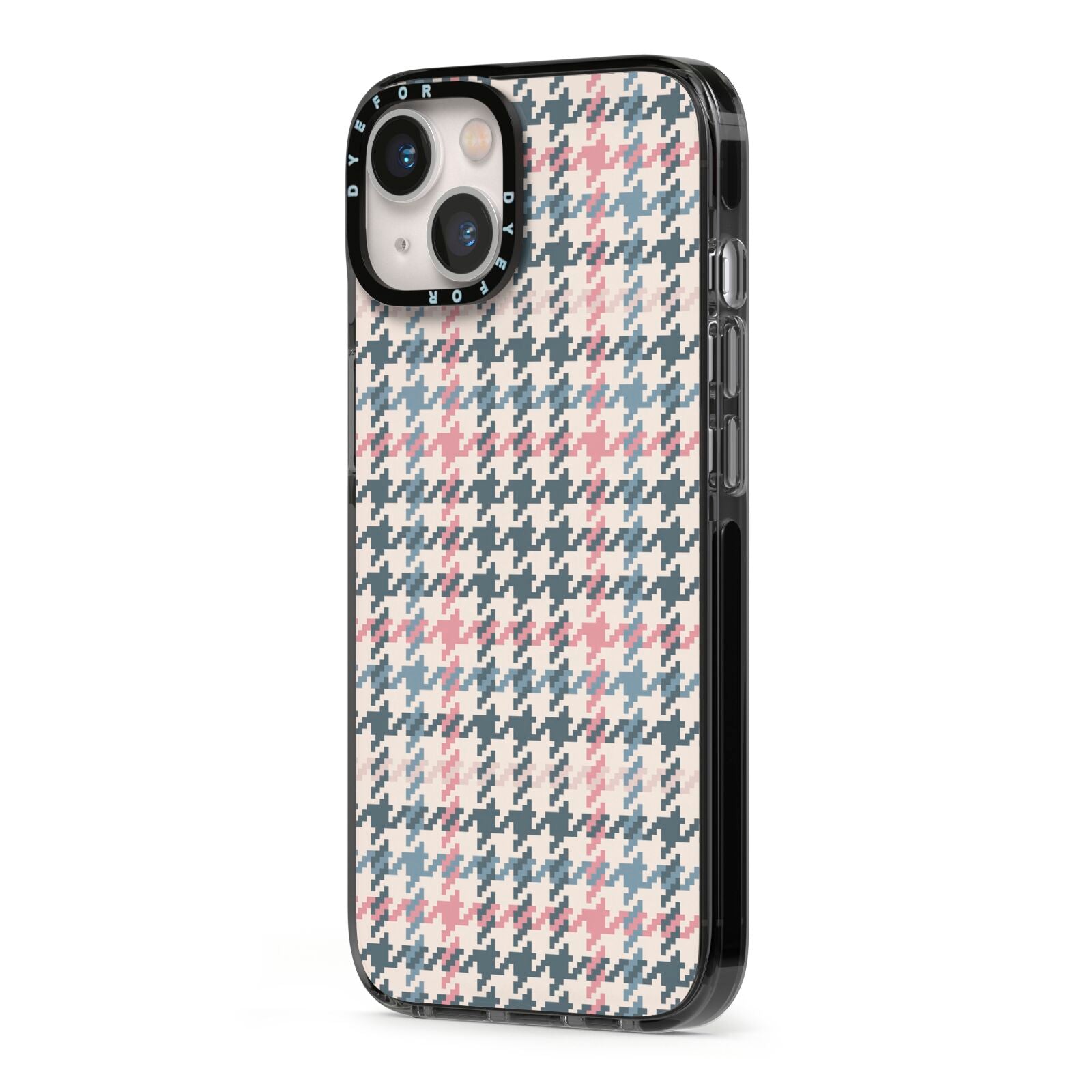 Tweed Houndstooth iPhone 13 Black Impact Case Side Angle on Silver phone