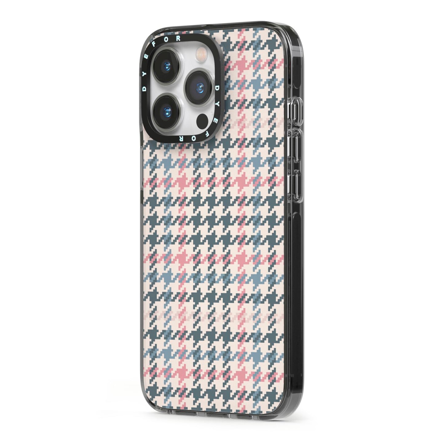 Tweed Houndstooth iPhone 13 Pro Black Impact Case Side Angle on Silver phone