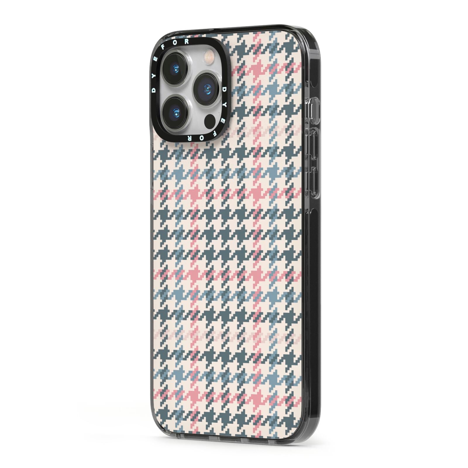 Tweed Houndstooth iPhone 13 Pro Max Black Impact Case Side Angle on Silver phone