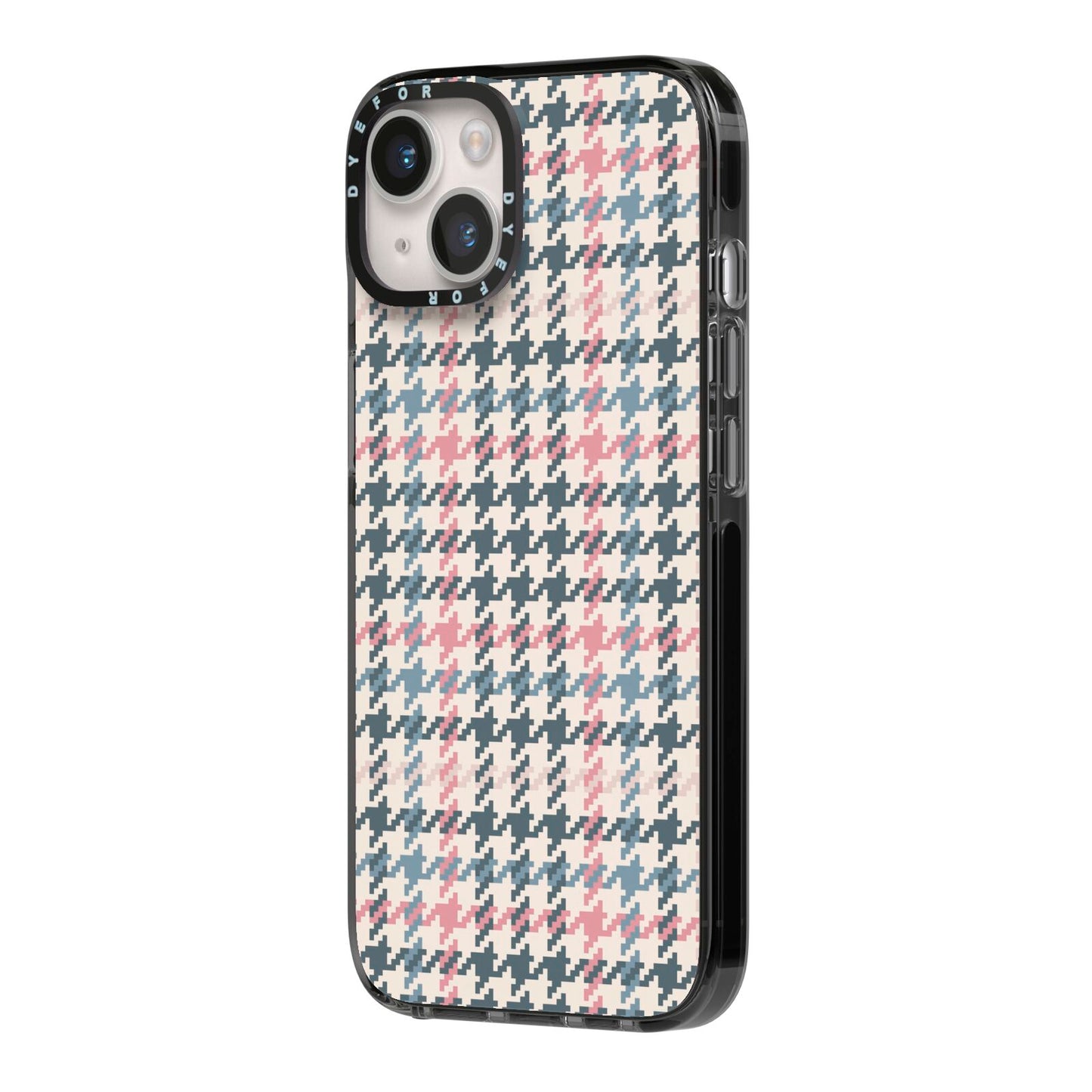 Tweed Houndstooth iPhone 14 Black Impact Case Side Angle on Silver phone