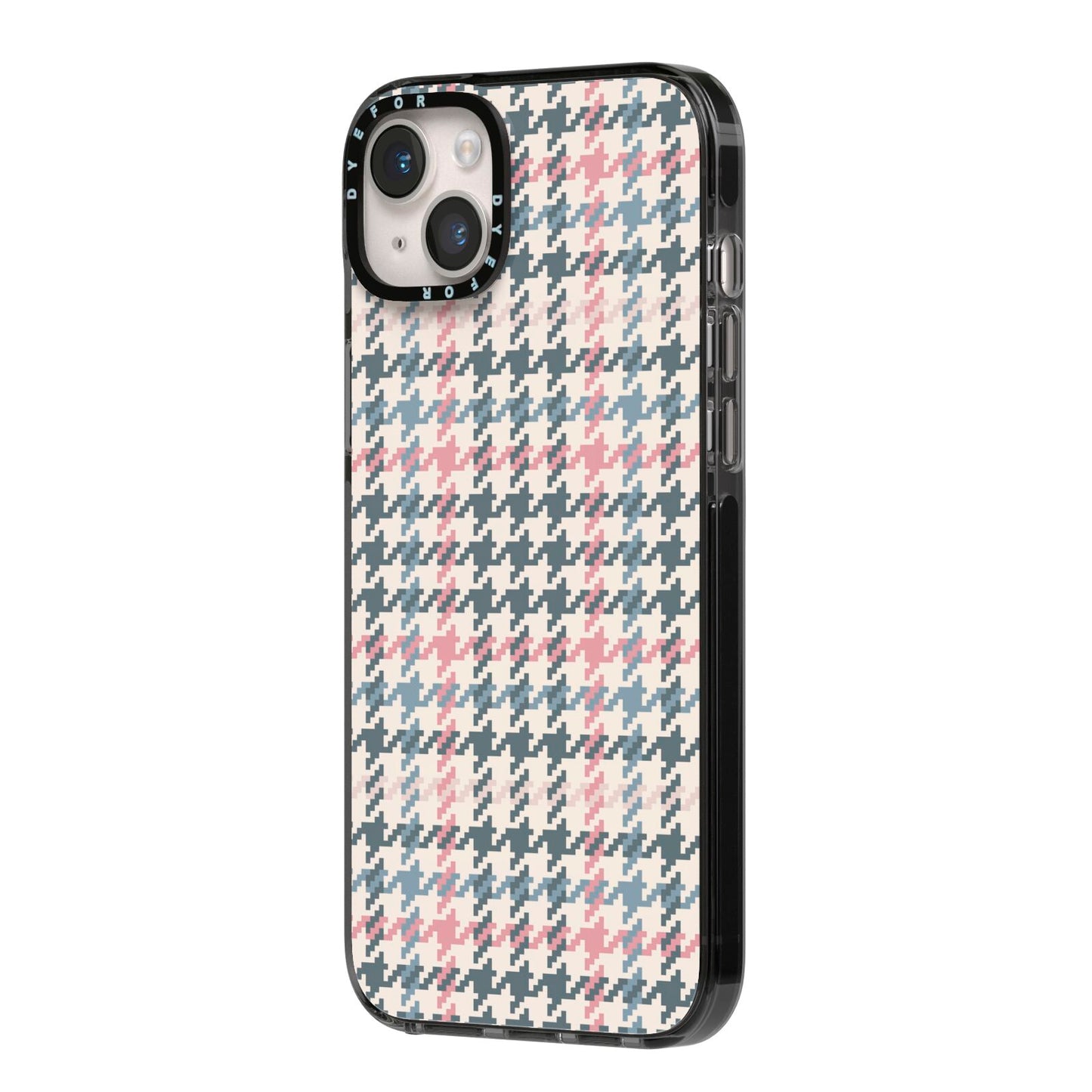 Tweed Houndstooth iPhone 14 Plus Black Impact Case Side Angle on Silver phone