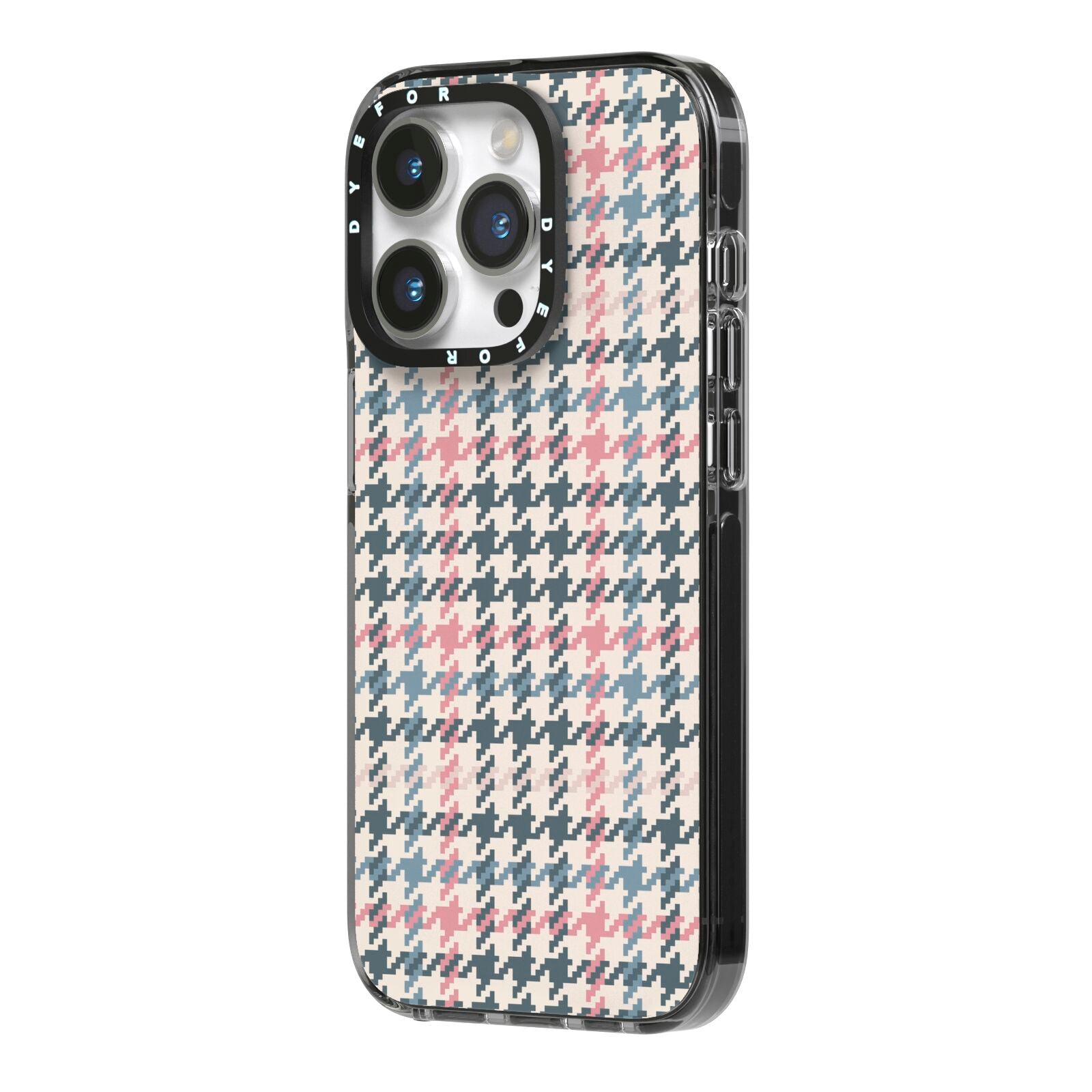 Tweed Houndstooth iPhone 14 Pro Black Impact Case Side Angle on Silver phone