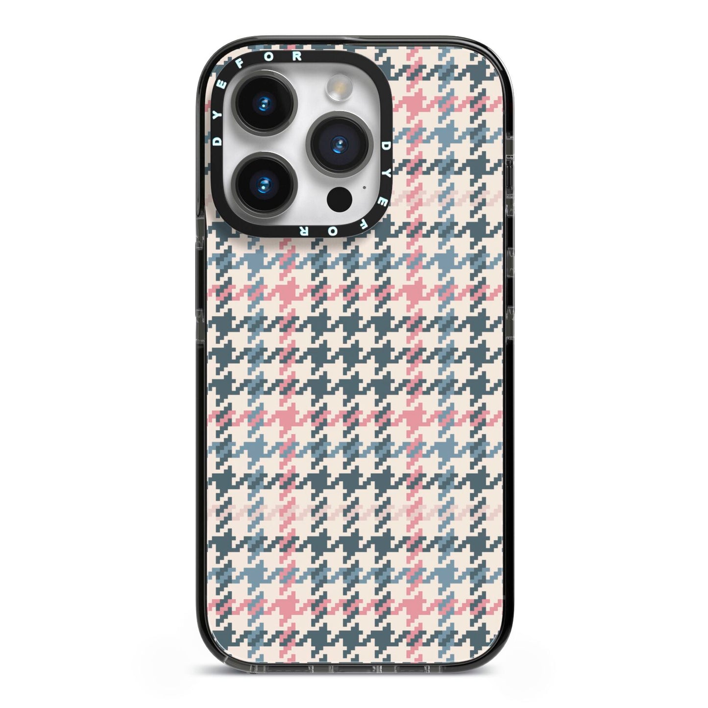 Tweed Houndstooth iPhone 14 Pro Black Impact Case on Silver phone