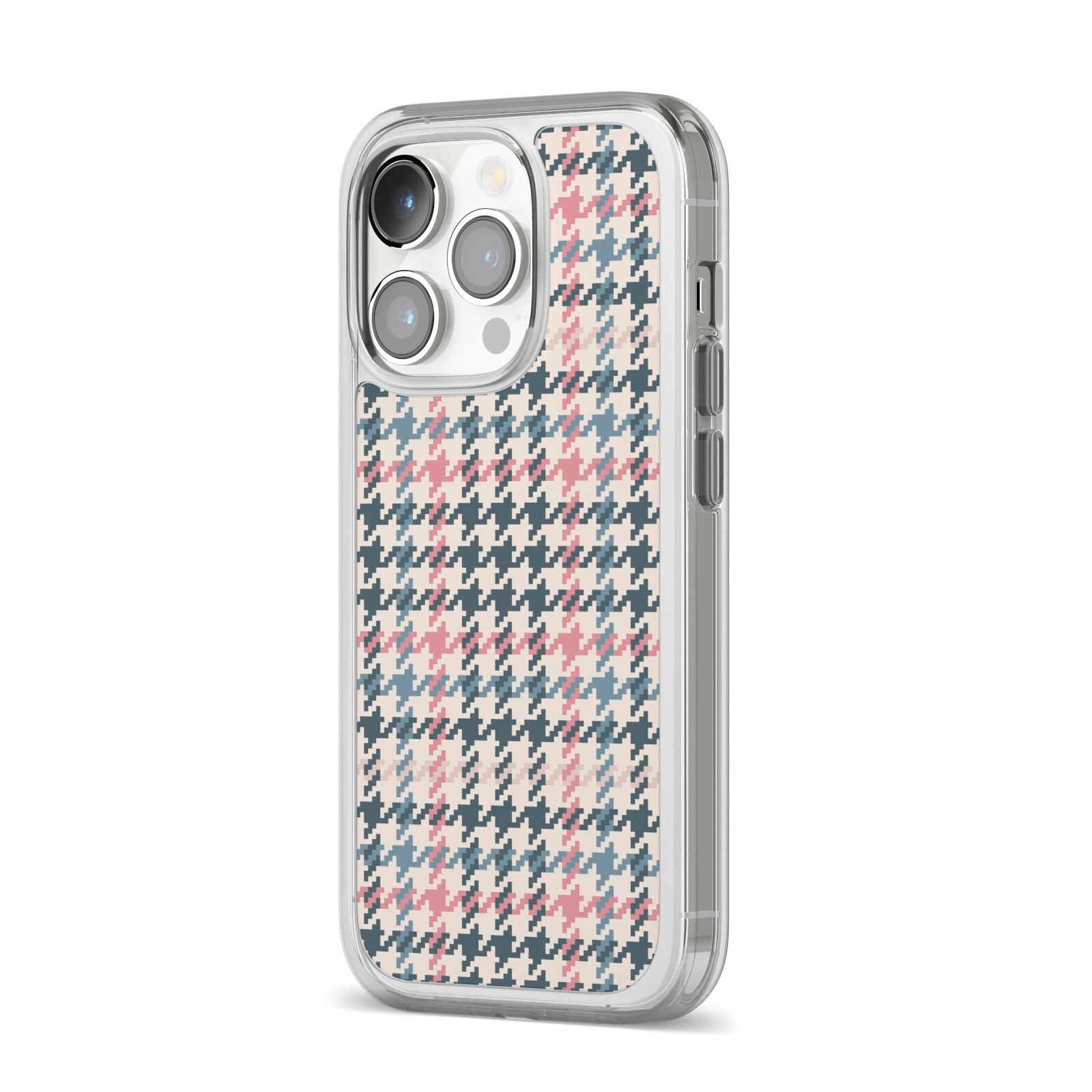 Tweed Houndstooth iPhone 14 Pro Clear Tough Case Silver Angled Image