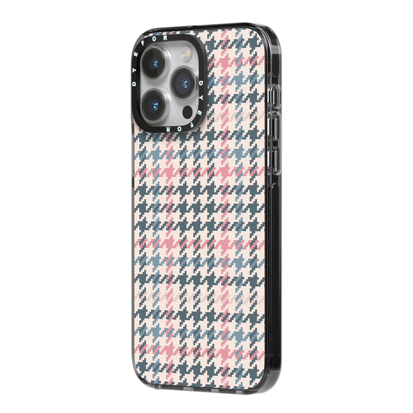 Tweed Houndstooth iPhone 14 Pro Max Black Impact Case Side Angle on Silver phone