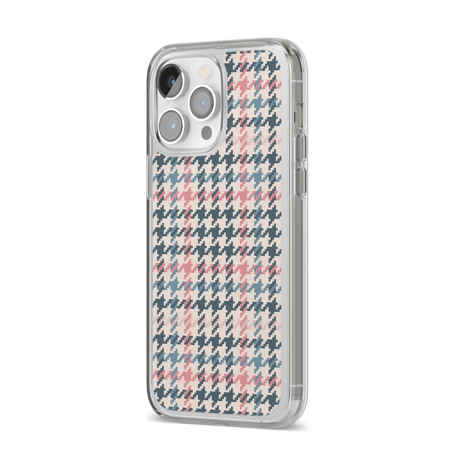 Tweed Houndstooth iPhone 14 Pro Max Clear Tough Case Silver Angled Image