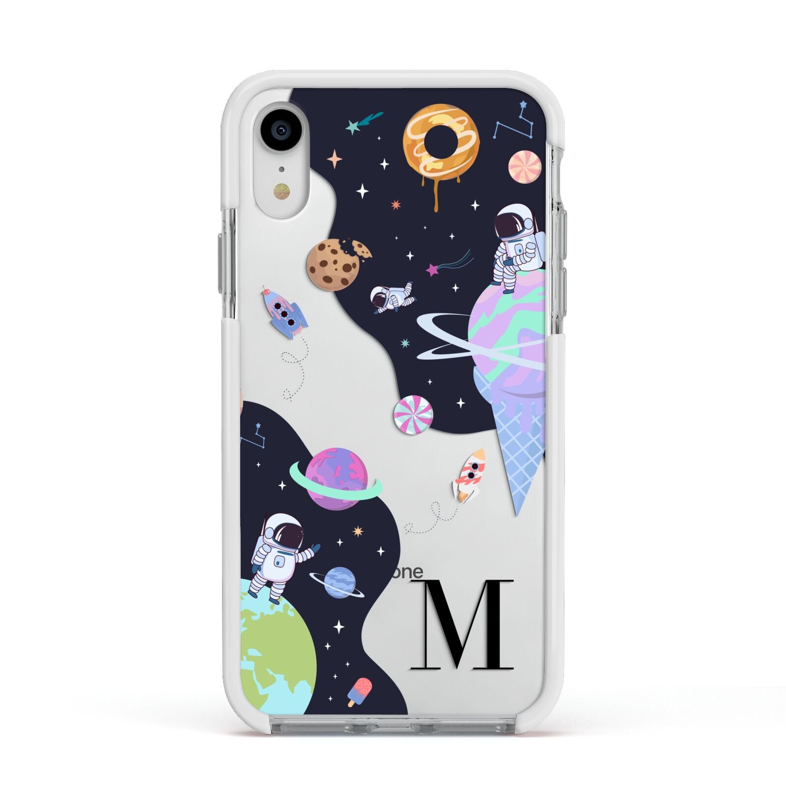Two Candyland Galaxies Apple iPhone XR Impact Case White Edge on Silver Phone